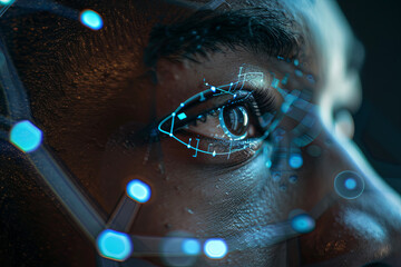 African American male cybersecurity analyst with AI facial mapping technology for smart security