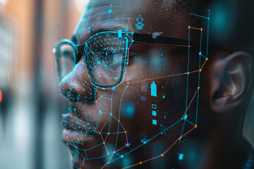 African American male cybersecurity analyst with AI facial mapping technology for smart security