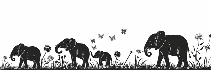 World Elephant Day. Silhouettes of family of elephants, white background. Horizontal banner, free space for text. Black outlines, graphics. Wildlife protection and animal conservation concept