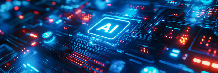 The blue AI text with digital and futuristic elements that glow in the dark is one example of an artificial intelligence banner technology based on data science and innovation in Internet cyberspace.