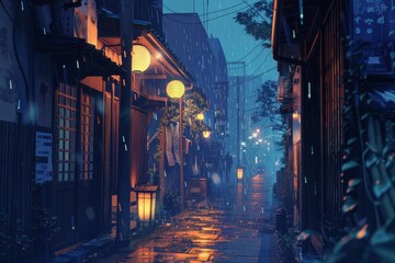 Obraz premium a quiet alleyway with lanterns and the sound of rain echoing off cobblestones, creating a tranquil urban retreat. Cozy vibe, Generative AI