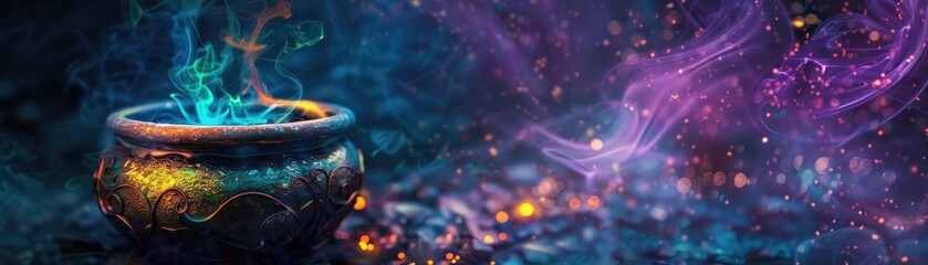 Fototapeta premium A mystical cauldron emits colorful, magical smoke in an enchanting, star-filled galaxy background. Vibrant and fantasy-themed artwork.