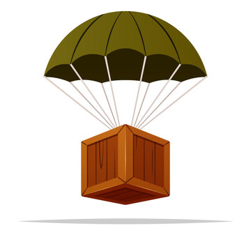 Wooden crate with parachute vector isolated illustration