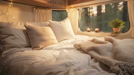 bed blurred travel trailer interior