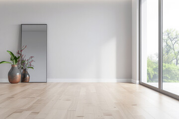Obraz premium Luxurious empty room interiors with a window providing natural light, a mirror on the wall and minimal furniture. Luxury residential real estate composition in neutral colors.