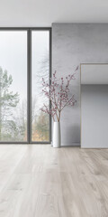 Fototapeta premium Luxurious empty room interiors with a window providing natural light, a mirror on the wall and minimal furniture. Luxury residential real estate composition in neutral colors.