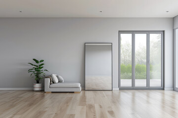 Obraz premium Luxurious empty room interiors with a window providing natural light, a mirror on the wall and minimal furniture. Luxury residential real estate composition in neutral colors.