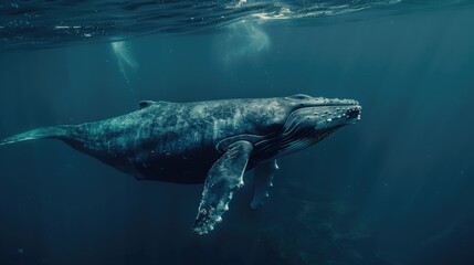 Fototapeta premium A giant blue whale swimming in a deep beautiful blue ocean reef. Wildlife. Whale Day.