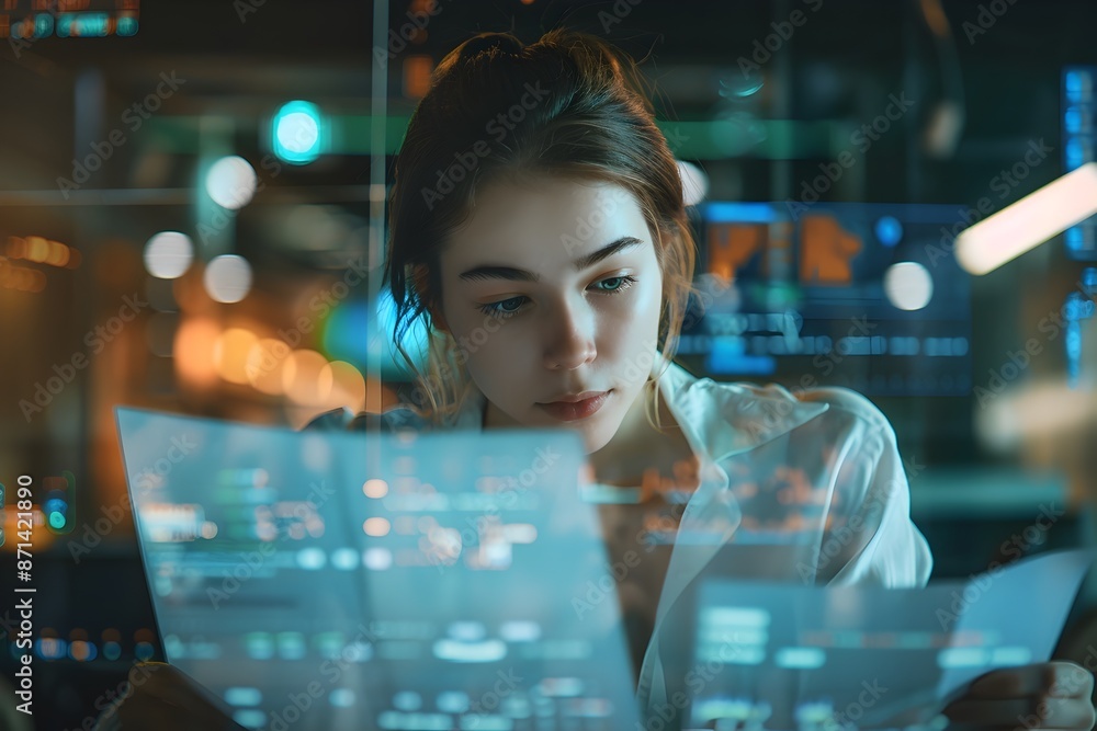 Poster Focused Business Analyst Deeply Engrossed in Reviewing Project Documentation and Spreadsheets in a High Tech Open Office at Night