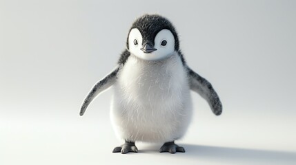 Adorable baby penguin standing on a white background, showcasing its fluffy feathers and cute appearance.