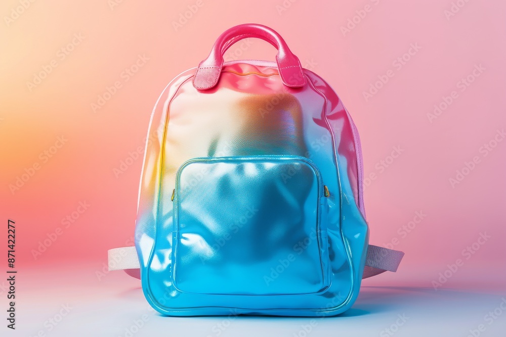 Poster neon colored backpack with a futuristic design and neon lighting in a minimalistic setting