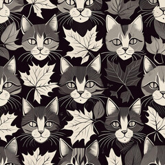 Obraz premium Monochrome Cat and Autumn Leaf Pattern