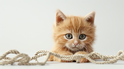 Obraz premium Adorable ginger kitten with blue eyes playing with a rope on a white background. Perfect for pet and cute animal themed projects.