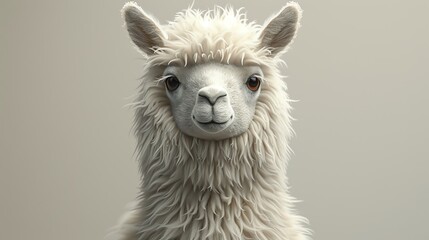 Obraz premium Close-up portrait of an adorable white alpaca with fluffy fleece against a neutral background, showcasing its friendly expression.