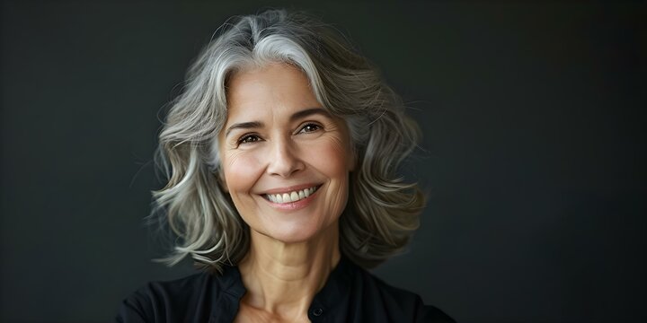 Portrait of a mature woman exuding confidence with flawless skin and gray hair, showcasing a radiant smile. Concept Beauty Portrait, Confidence, Flawless Skin, Gray Hair, Radiant Smile