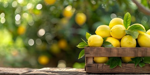 Rustic Lemon-Themed Podium with Wooden Crate, Fresh Lemons, Lemon Balm, and Trees. Concept Lemon-Themed Decor, Rustic Setting, Fresh Lemons, Wooden Crate, Lemon Balm, Outdoor Photoshoot