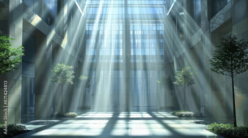 Poster a large open space with sunlight shining through the windows and trees