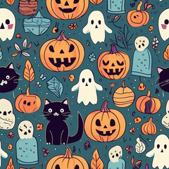Naklejka premium halloween pattern cat, pumpkin and monster