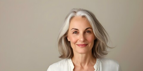 Fototapeta premium Portrait of a beautiful 50-year-old. Concept Beautiful Portraiture, Mature Elegance, Timeless Beauty, Ageless Grace, Sophisticated Charm