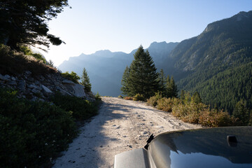 jeep mountain road at sunrise