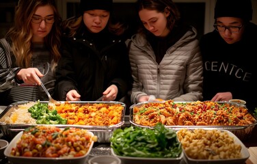 Group of Friends Enjoying a Buffet Dinner with Various Dishes in a Cozy Indoor Setting