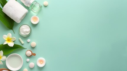 Spa products and tropical leaves arranged on a teal background, with copy space.