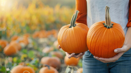 A couple enjoying a day at the pumpkin patch, holding pumpkins, with text space, Vintage, Soft Focus