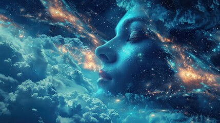 Fototapeta premium A woman's face is shown in a blue sky with clouds