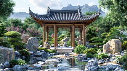 Fototapeta premium A serene garden with a pagoda and a pond