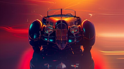 Futuristic Modern Car in Art Deco Style with Symmetry and Vibrant Colors under Lens Flare - High Contrast Wide Angle Photography