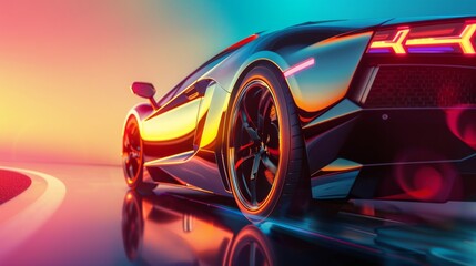 Sleek Modern Car Exhibit: Art Deco Symmetry in Vibrant Colors with Wide Angle Lens Flare