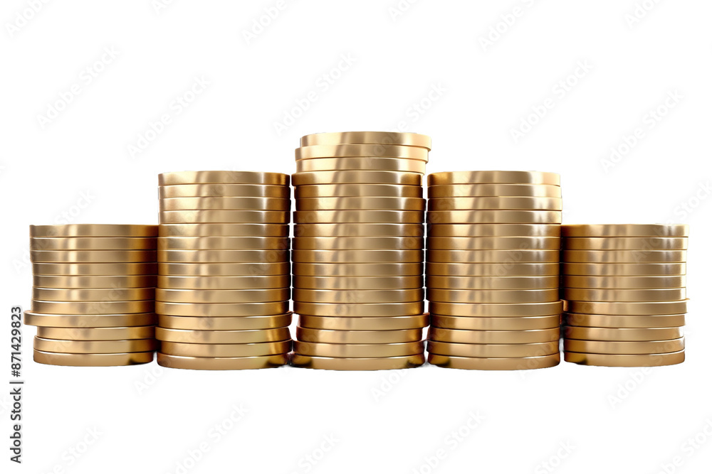 Poster stacks of shiny coins isolated on transparent background