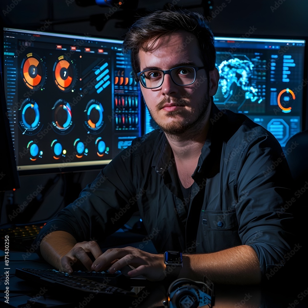 Poster focused male computer engineer analyzing digital data and technology trends in high tech workspace