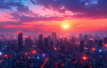 Obraz premium Stunning Urban Sunset Over a Modern Cityscape with Vibrant Skyscrapers and Colorful Sky