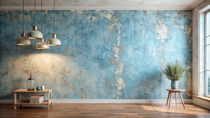 Minimalist interior backdrop featuring a distressed bare plaster wall adjacent to a calming blue wallpaper with subtle texture details.