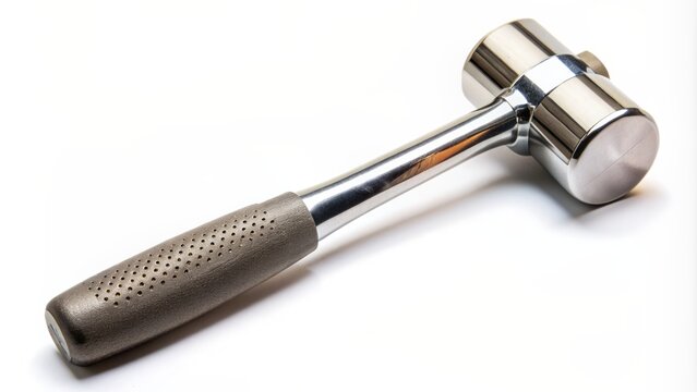 A solitary percussion reflex hammer lies isolated on a clean white background, its triangular rubber head and metal handle gleaming.