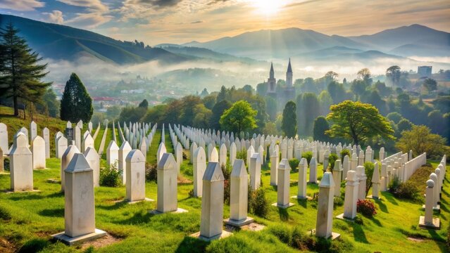 Solemn rows of white marble gravestones amidst lush greenery and misty hills in Martyrs' Memorial Cemetery Kovaci, Sarajevo, Europe.