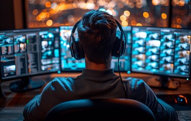 Fototapeta premium Man Working at Multi-Screen Computer Setup in Modern Office with City Lights in Background