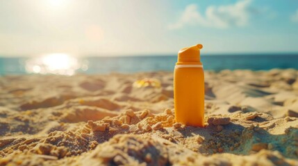A bottle of sunscreen sits amidst the golden sand.