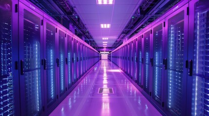 A computer server room with a blue background and red and blue lights