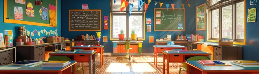 Fototapeta premium Bright and colorful empty classroom with organized desks and educational decorations, illuminated by natural sunlight through large windows.