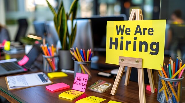 We Are Hiring Sign on Desk with Office Supplies and Equipment