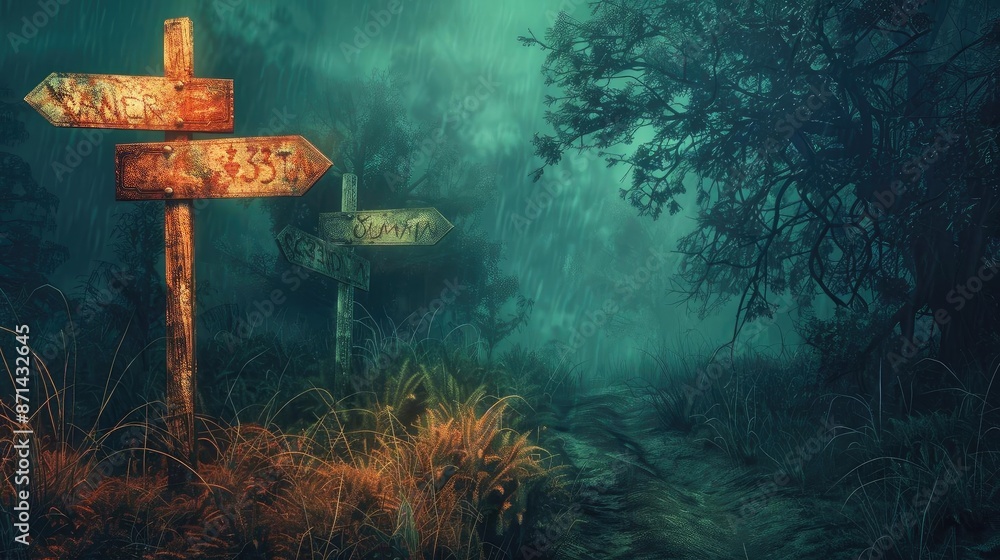 Aufkleber misty forest path with old wooden signs, creating an eerie atmosphere with soft lighting through den