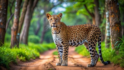 Majestic Sri Lankan leopard stands poised in a serene tree-lined alley of Wilpattu National Park, gazing back with piercing intensity.