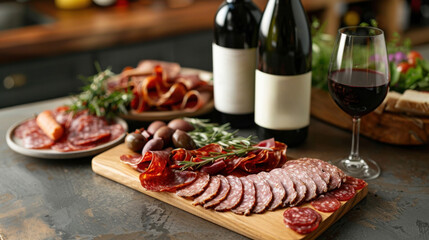 A table with a variety of meats, cheeses, and fruits, including grapes, tomatoes