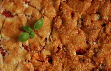 Baked tomato pie crust close-up