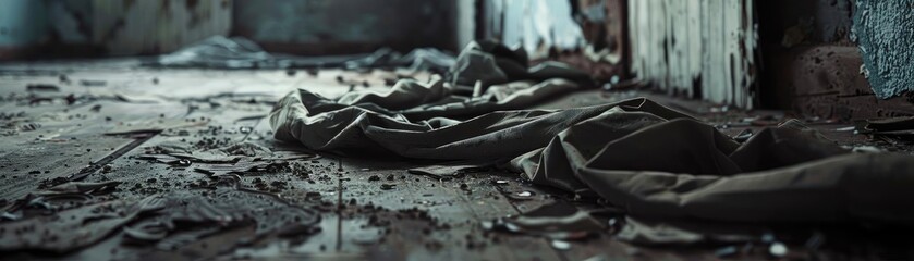Abandoned building interior with shattered glass and debris on the floor, highlighted by a focus on a piece of cloth. Moody atmosphere.