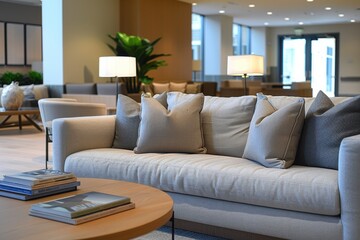 A large white couch is in a room with a coffee table and a potted plant