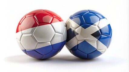 Obraz premium Two footballs with Scottish and Dutch national flags' emblems placed side by side on a pristine white background, symbolizing rivalry.