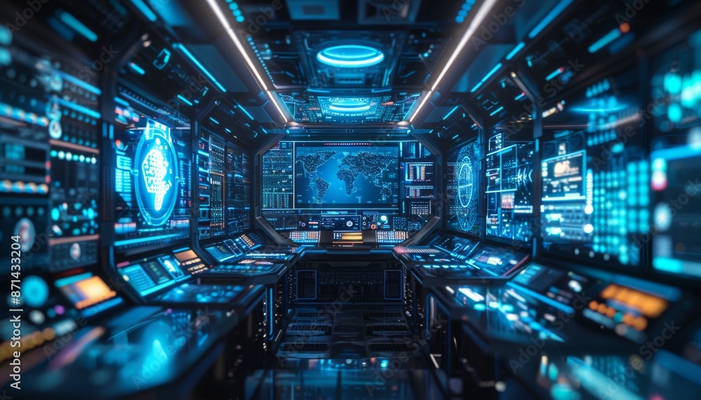 Aufkleber futuristic ai server room with glowing holographic interfaces sleek robotic arms managing data serve